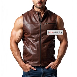 Vintage Genuine Brown Leather Vest - Sleeveless Biker Jacket, Steampunk Leather Waistcoat, Handmade Western Style Vest, Rave Motorcycle Vest