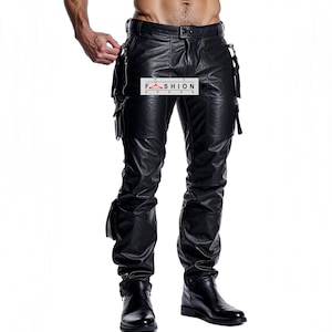Men's Genuine Leather Trousers - Handmade Black Cargo Pants - Slim Fit Motorcycle Trousers - Punk Rockers Pants - Goth Pants - Y2K Pants