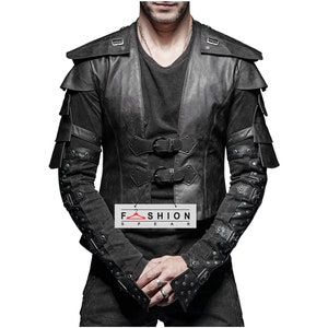 Rave Black NIGHTWATCH Waistcoat - Genuine Leather Vest - Mens Armour Vest - Retro Patchwork Vest - Pirate Vest - Goth Fashion - Punk Vest