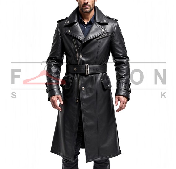 Trench in vera pelle nera da uomo Cappotto lungo doppiopetto