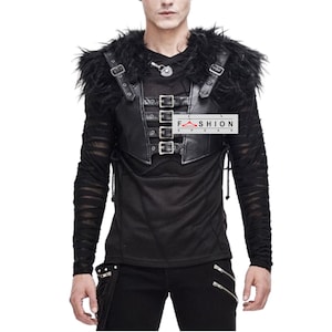 Mens Real Leather Cape Armor, Fur Shoulder Cape Costume, Leather Chest Strap Vest, Leather Crop Vest, Steampunk Armor, Halloween Costume