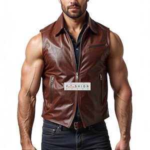 Vintage Genuine Brown Leather Vest - Muscle Fit Streetwear Waistcoat, Sleeveless Biker Jacket, Steampunk Waistcoat, Rave Motorcycle Vest