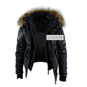 Herren Leder Pelzkragen Jacke - B3 Bomberjacke - Pelz Shearling Jacke - Herren Lederjacke - Schwarze Lederjacke-Leder Winterjacke