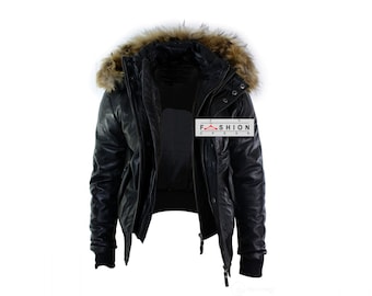 Mens Leather Fur Collar Jacket - B3 Bomber Jacket - Fur Shearling Jacket - Mens Leather Jacket - Black Leather Jacket-Leather Winters Jacket