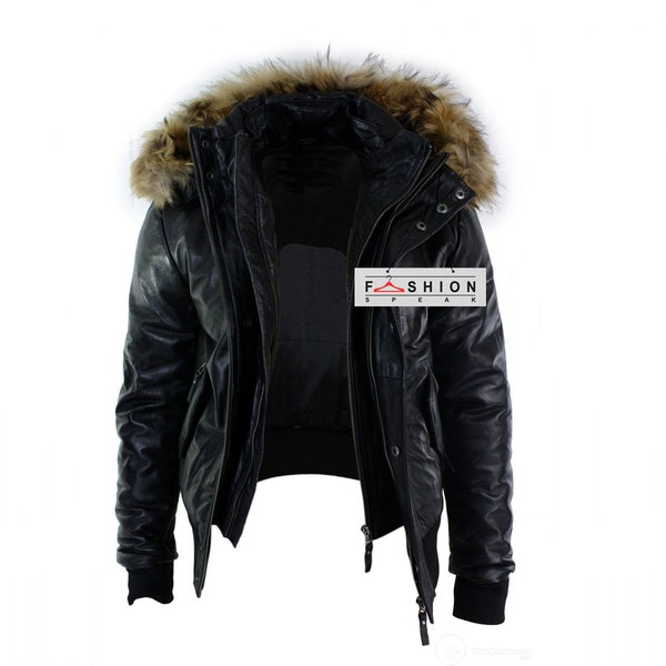 Heren leren bontkraag jas - B3 Bomberjack - bont Shearling jas - leren herenjas - zwart lederen jas-leren winterjas