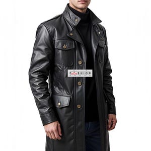 Men&#39;s Black Genuine Leather Long Coat | Military Style Leather Jacket | Handmade Leather Overcoat | Winter Trench Coat | Men Leather Coat