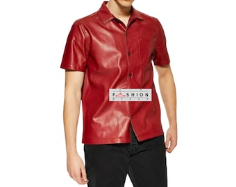 Mens Genuine Leather Shirt, Red Leather Shirt, Police Shirt, Gothic Shirt, Steampunk Shirt, Half Sleeve Shirt, Punk T Shirt, Dope Look Shirt