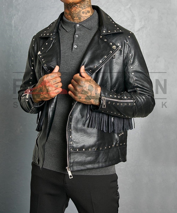 Mens Real Leather Studded Fringe Jacket, Western Fringed