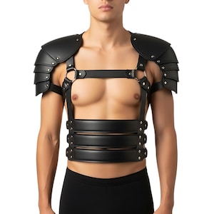 Black Genuine Cow Leather Gladiator Shoulder Armor for Men | Adjustable Harness Chest Straps | LARP, Cosplay, Renaissance Festival Costume