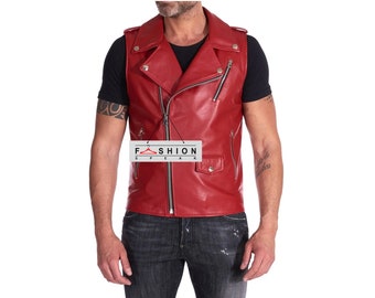 Mens Genuine Leather Vest, Gothic Sleeveless Jacket, Punk Red Vest, Motorcycle Vest, Rave Biker Vest, Racing Vest, Handmade Vest