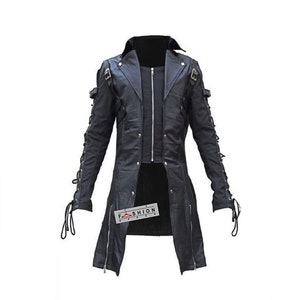 Mens Leather Gothic Trench Coat / Black Mens Halloween Cosplay / Soft Leather Overcoat / Leather Long Coat / Means Leather Steampunk Coat