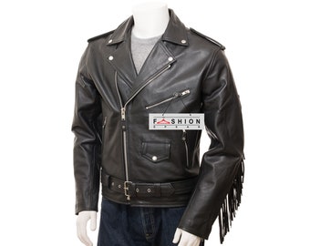 Mens Genuine Leather Fringe Jacket, Western Fringed Jacket, Black Cowboy Jacket, Gothic Jacket, Steampunk Jacket, Leather Tassels Jacket