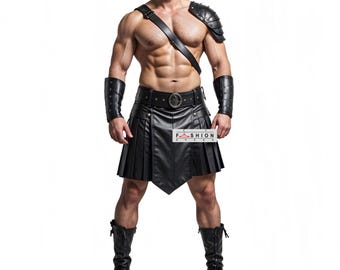 Handgemaakte zwarte gladiatorkilt van echt leer: cosplaymode