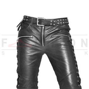 Genuine Handmade Black Leather Pants Punk Black Pants Mens Black Leather Pants Biker Pants Side Lace Leather Pants Jogger Pants image 5