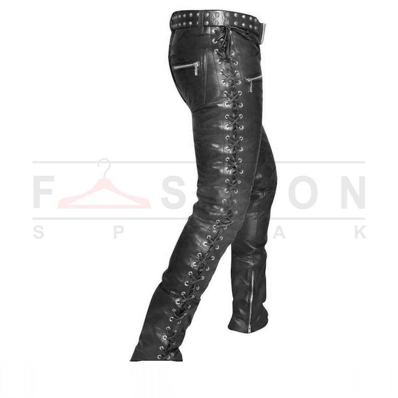 Genuine Handmade Black Leather Pants Punk Black Pants Mens Black Leather Pants Biker Pants Side Lace Leather Pants Jogger Pants image 2