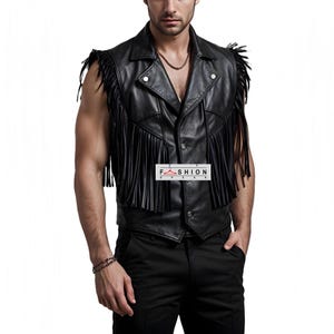 Men’s Genuine Leather Fringe Vest - Western Biker Cowboy Style, Black Sleeveless Waistcoat, Leather Tassel Vest, Vintage Festival Vest