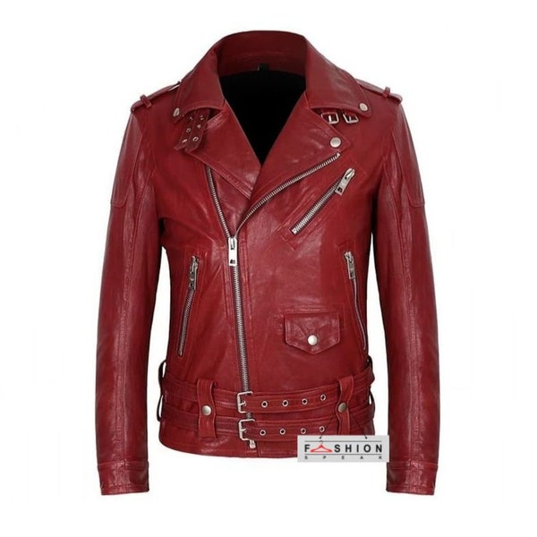 Blouson rouge fait main en cuir véritable pour homme - Blouson en cuir pour homme - Blouson moto rouge - Blouson motard en cuir rouge - Cadeau pour lui