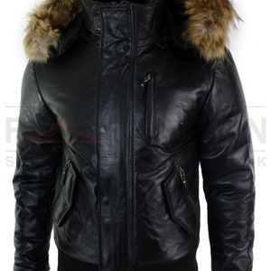 Mens Leather Fur Collar Jacket B3 Bomber Jacket Fur Shearling Jacket ...