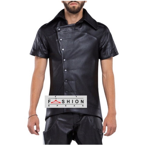 Chemise en cuir véritable Chemise Steampunk Chemise en cuir pour hommes Chemise de police Chemise à manches mi-longues Chemise gothique Chemise punk Chemise noire