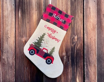 Personalized Christmas Stockings Family | Buffalo Plaid Christmas Stockings, Farmhouse Burlap Red Truck Stocking with Tree LARGE 17.5in