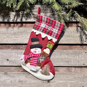 Christmas Stockings Personalized Embroidered, Snowman Design | Custom Name, Modern Family Stockings w/ Red Plaid Pattern, 3D Large 18.5in