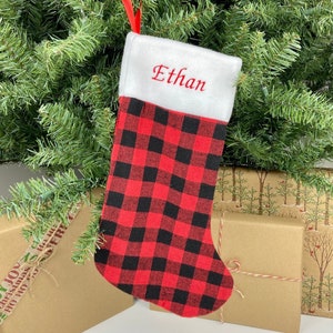 Personalized Christmas Stocking: Red Buffalo Plaid, Minimalistic Farmhouse Holiday Decor, Custom Embroidered Name, 17in