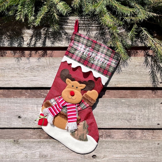 Personalized Christmas Stocking - Plaid With Embroidered Name, Santa/Reindeer, 18 Inch