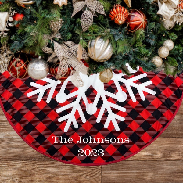 Christmas Tree Skirt Personalized, Custom Tree Skirt 35in, Embroidered Red Farmhouse Tree Skirt Pattern Buffalo Plaid, Big Snowflake Design