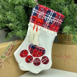 Personalized Dog Stockings Christmas | Dog Paw Stocking White with Red Plaid Pattern Large, Custom Embroidered Name with Snowflakes