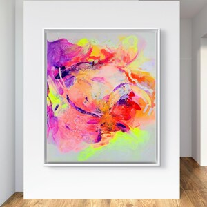 May include: Abstract painting with vibrant colors, including pink, purple, yellow, and orange. The colors are blended together in a swirling, dynamic pattern.