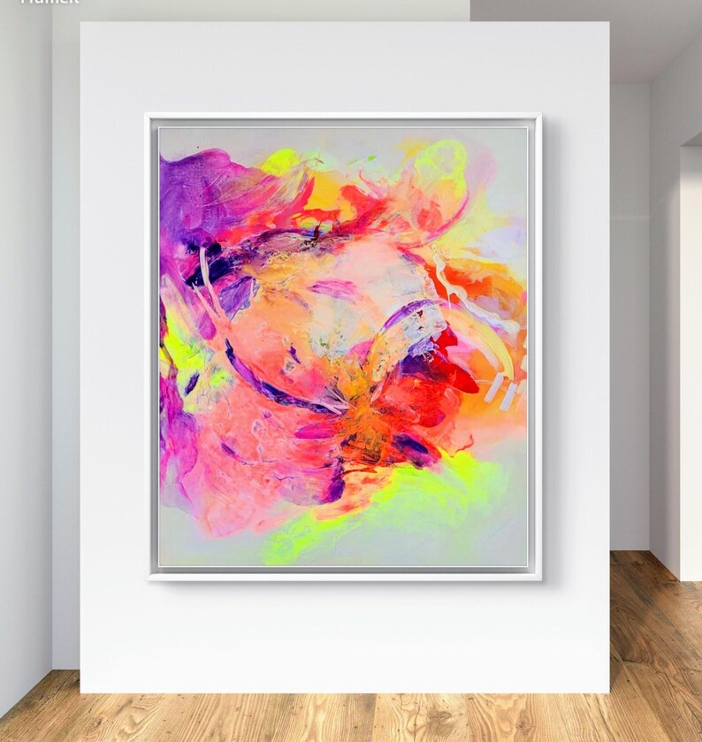 May include: Abstract painting with vibrant colors, including pink, purple, yellow, and orange. The colors are blended together in a swirling, dynamic pattern.