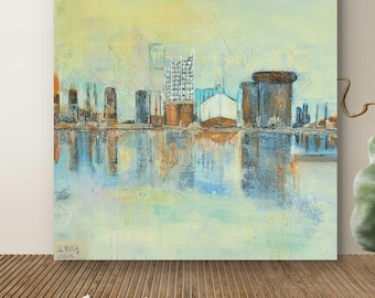 Landscape painting. Abstract blue landscape painting. Art. Handcrafted with texture. Hamburg harbor