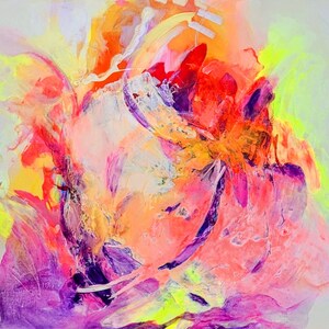 May include: Abstract painting with vibrant colors, including pink, purple, yellow, and orange. The colors are blended and layered to create a dynamic and energetic composition.