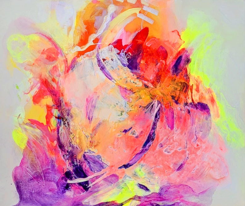 May include: Abstract painting with vibrant colors, including pink, purple, yellow, and orange. The colors are blended and layered to create a dynamic and energetic composition.