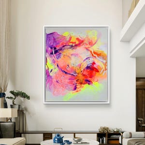 May include: Abstract painting with vibrant colors, including pink, purple, orange, and yellow, on a gray background. The painting has a fluid and dynamic style, with swirling and overlapping shapes.