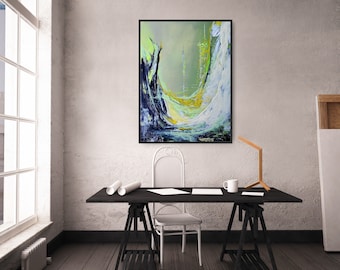 May include: A framed abstract painting with a green, blue, and white color scheme hangs on a white wall above a black desk with a white chair. The desk is on black sawhorses.