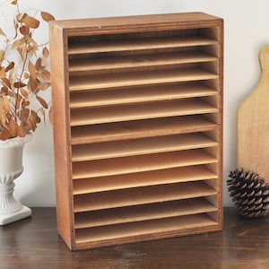 Grande boîte en bois vintage française - 12 compartiments - Organiseur de bureau - Boîte de rangement de bureau - Bois épais et massif