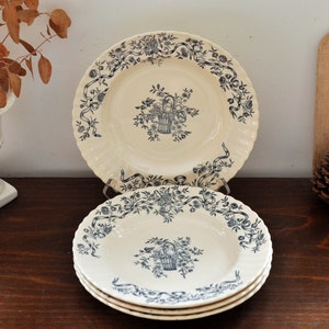 Set of 4 French Antique Ironstone Hollow Plates, LONGCHAMP "Rubans" Pattern, Blue Transferware, Terre de Fer