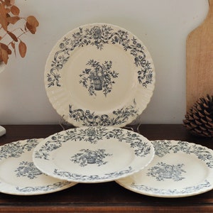 Set of 4 French Antique Ironstone Flate Plates, LONGCHAMP &quot;Rubans&quot; Pattern, Blue Transferware, Terre de Fer