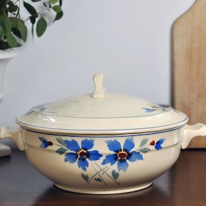 Français vintage Ironstone Tureen avec couvercle, Blue Flowers Design Mid-century Français Soup Tureen, Moulin des Loups & Hamage, Terre de Fer