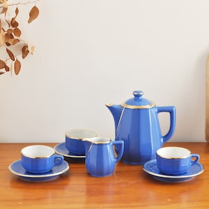 French Vintage Apilco Espresso Set: Blue Porcelain Coffee Pot, Creamer, Cups
