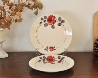 9” French Vintage Ironstone Flat Plate with rose motif - Badonviller "Monique" Pattern