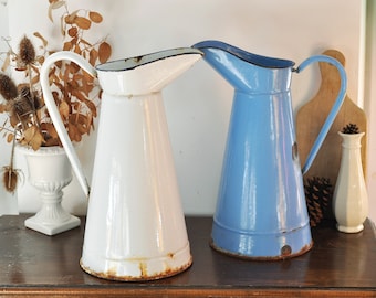 Jarra francesa vintage de esmalte blanco: Jarrón estilo jarra de granja (15")