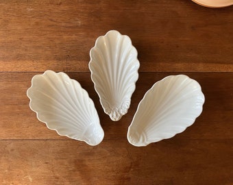 Set of 3 French Vintage Mismatched White Porcelain Shell Dishes, Oyster Plates, Ceramic Side Plates