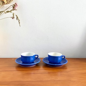 2 x Apilco Flora Blue Espresso Coffee Cups with Saucers, Vintage French Porcelain Bistroware