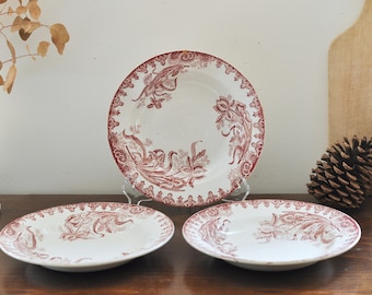 Puede incluir: Tres platos de cerámica blanca con un patrón floral rojo. Los platos están sobre una superficie de madera.