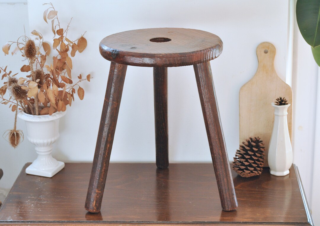 15 3/4 French Vintage Wooden Tripod Stool, Dark Brown Milking Stool in ...