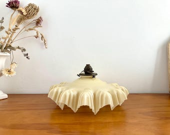 French Vintage Pastel Yellow Opaline Glass Lampshade with Frilled Edges