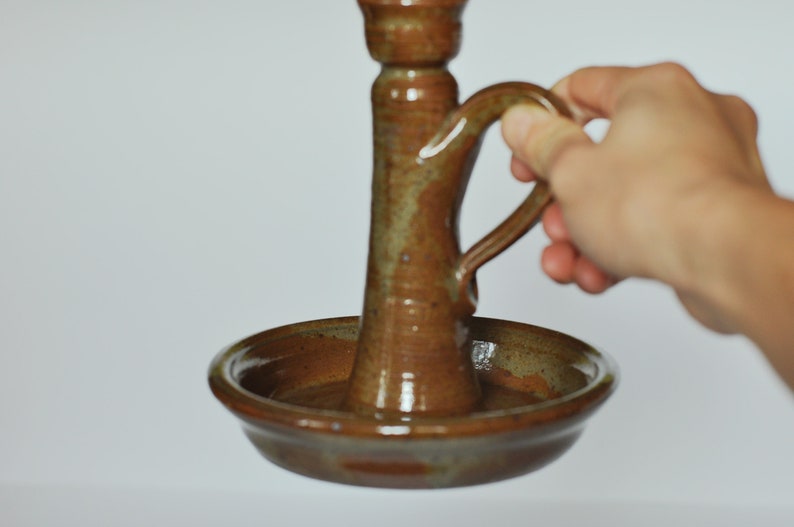 Vintage French Single Candlestick Holder in Terracotta Glazed with Beige Brownish Color French Find Hand Made Craft