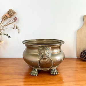 Grande jardinière ovale vintage française en laiton avec poignées à tête de lion et pieds de lion - Décoration en laiton faite main Villedieu